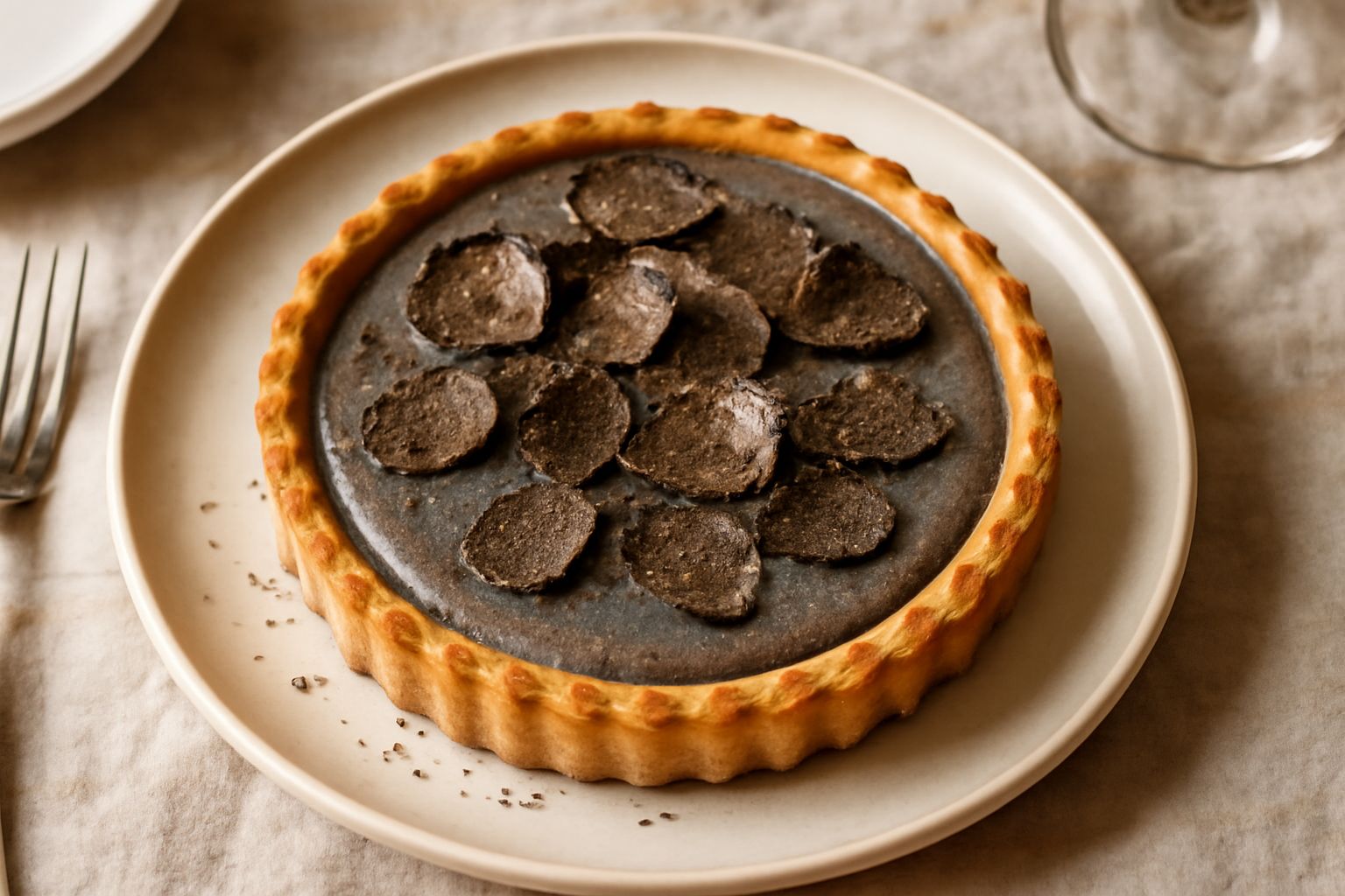Crostata ai tartufi su piatto bianco, frolla dorata e croccante, ripieno cremoso grigio-nero del tartufo, guarnita con scaglie sottili di tartufo fresco sulla superficie, fetta servita di fianco mostr