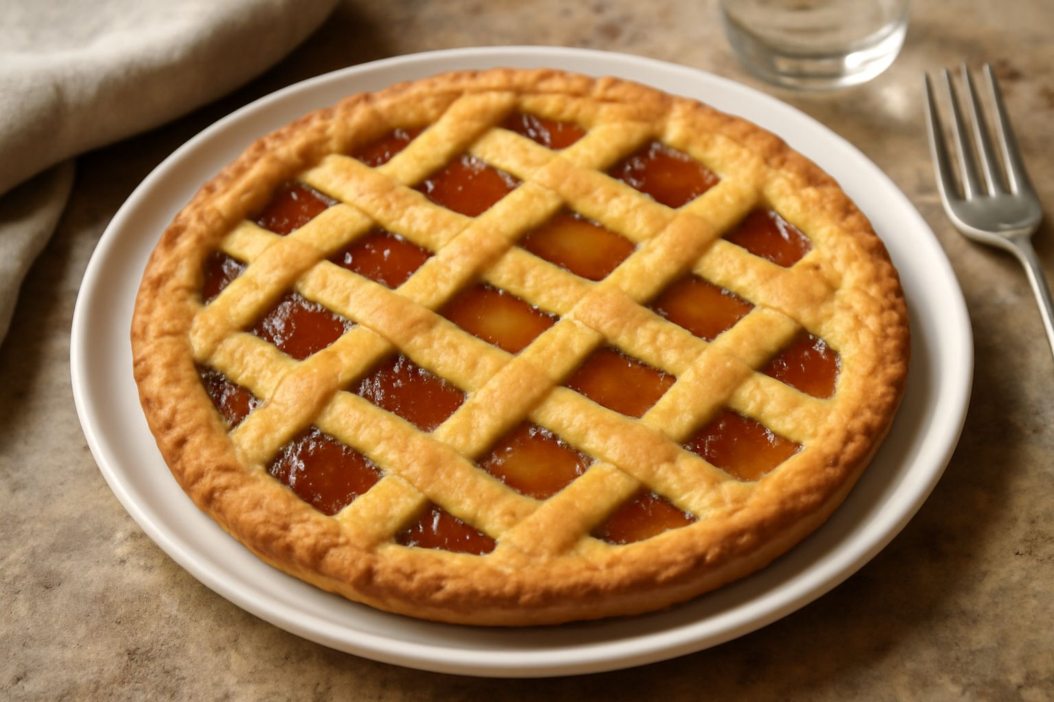 Crostata con pasta frolla dorata, ricoperta da strisce intrecciate di pasta, ripiena di marmellata rossa e gialla, tagliata a fette su piatto bianco, polvere di zucchero a velo