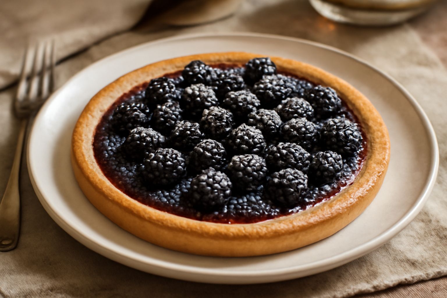 Crostata alle more appena sfornata con pasta frolla dorata, ripieno di more intere e polverizzate dal nero blu, guarnita con zucchero a velo su un piatto bianco
