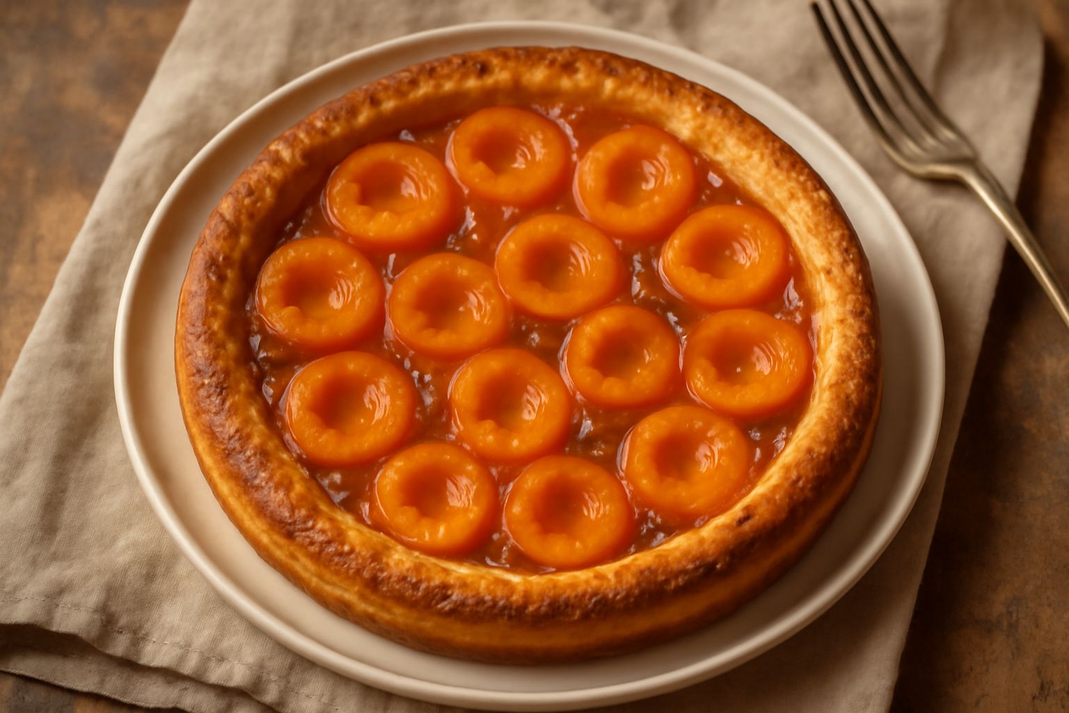 Crostata di albicocche ancora calda, superficie dorata con crosta di pasta frolla croccante, albicocche tagliate a metà disposte in cerchi concentrici, marmellata ambrata visibile tra i frutti, bordo 