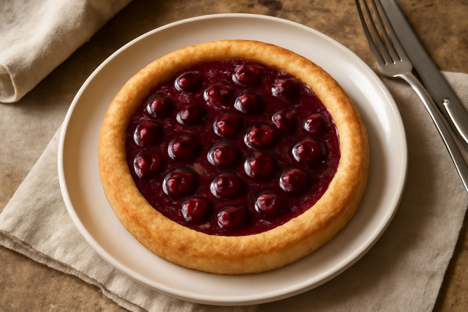 Crostata di amarene appena sfornata, con base dorata e croccante, ripieno rosso scuro lucido al centro, bordo di pasta frolla ondulato, servita su piatto bianco da dessert