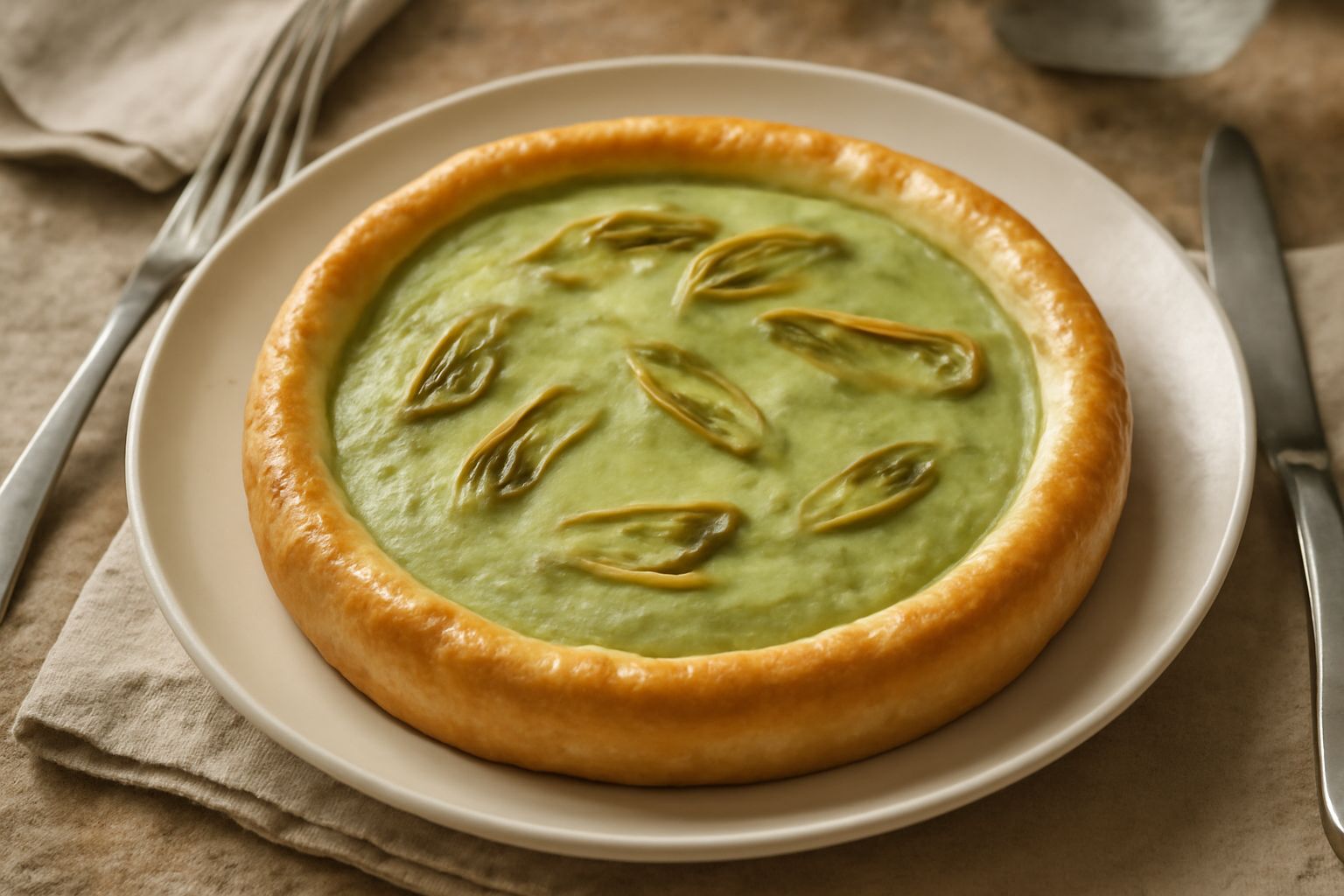 Crostata di carciofi intera in una teglia rotonda, con pasta frolla dorata e ripieno verde chiaro visibile dal bordo, decorata con fettine di carciofo crudo appoggiato sulla superficie