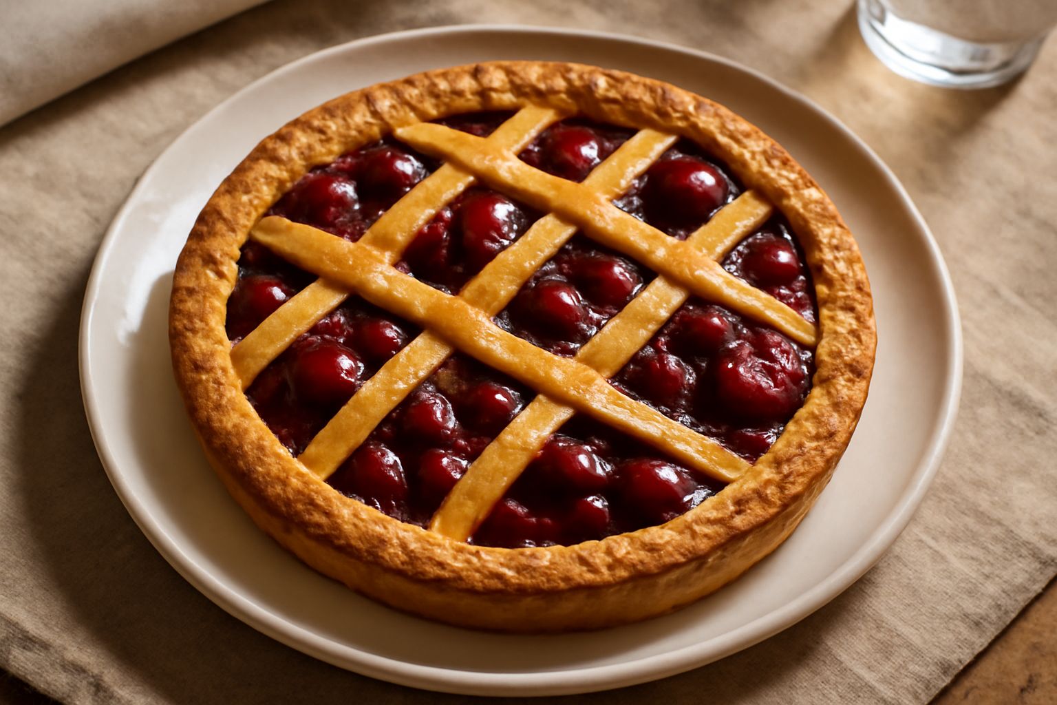 Crostata di ciliegie in piatto bianco, fondo di pasta frolla dorata, ripieno di ciliegie rosse scure intere e brillanti, copertura a losanghe di pasta croccante, decorazione con foglie di menta fresca