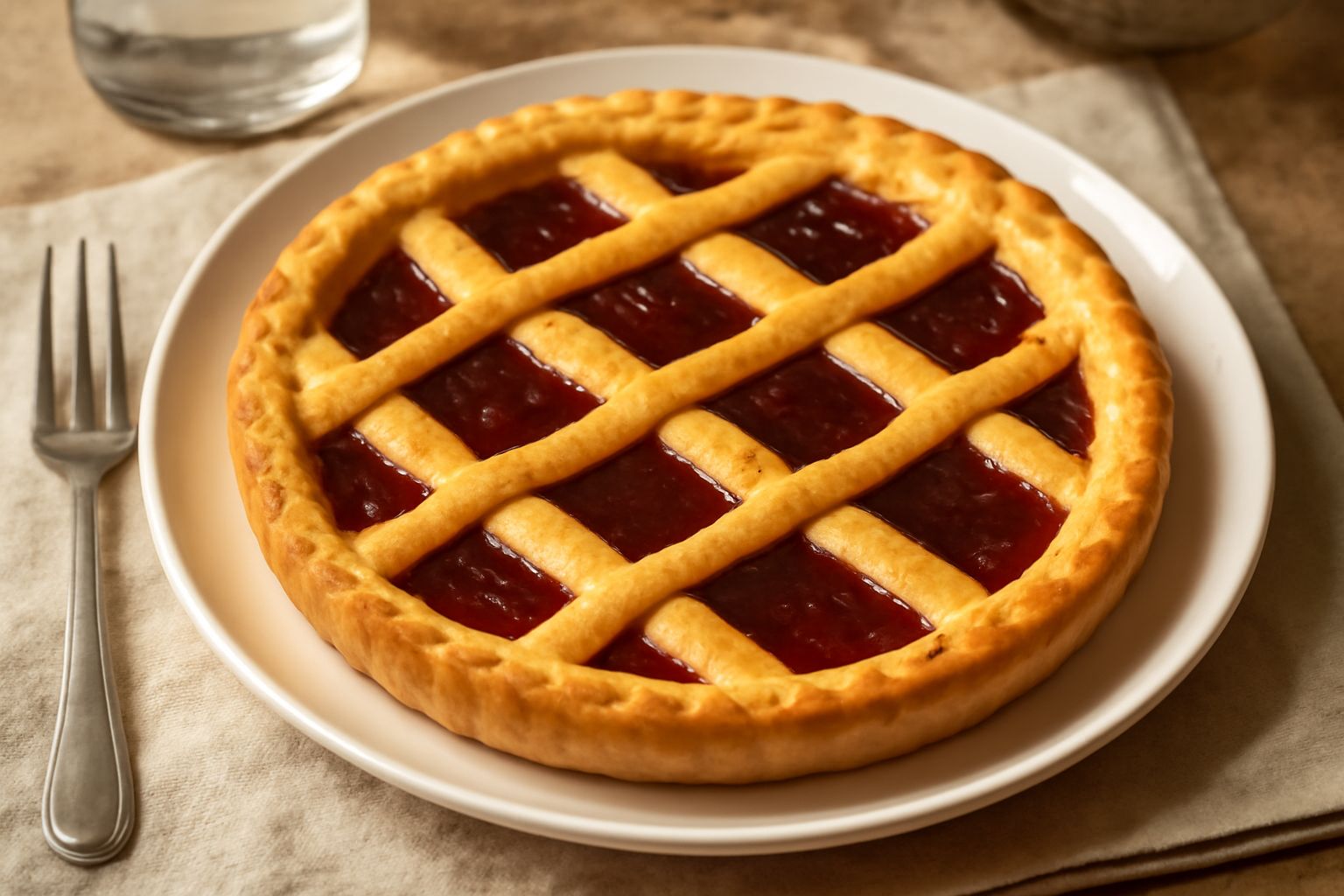 Crostata di confettura rotonda, sfornata, con pasta frolla dorata intorno al bordo, confettura rossa brillante al centro, strisce di pasta intrecciata sopra, su piatto bianco con tovaglia di lino