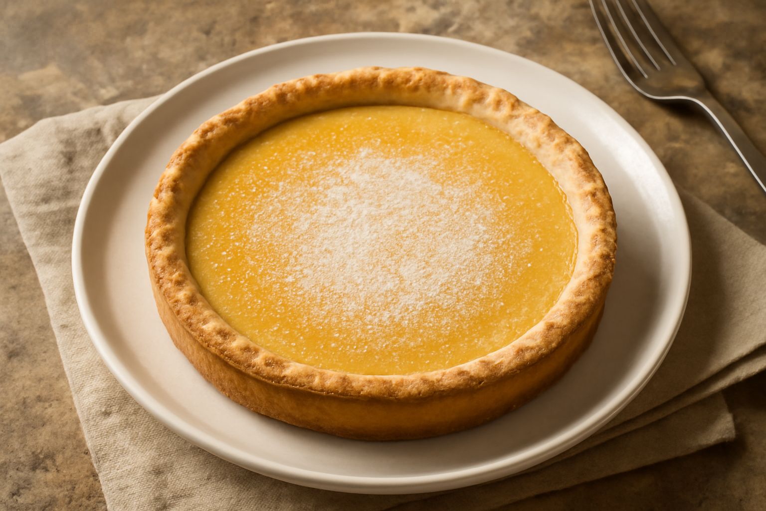 Crostata di crema in piatto bianco, tagliata a fetta triangolare, con pasta frolla dorata ai bordi e crema giallo pallido compatta all'interno, spolverata di zucchero a velo