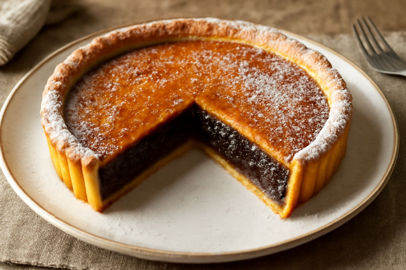 Una crostata tonda con pasta frolla dorata e lucida, ripieno marrone scuro di fichi secchi visibile dal taglio, spolvero di zucchero a velo sui bordi, su un piatto bianco