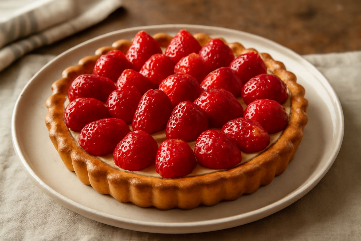 Crostata di fragole tonda in piatto bianco: base di frolla dorata, crema pasticcera bianca liscia sotto fragole rosse lucide disposte a circolo, bordo della pasta ondulato, vista dall alto