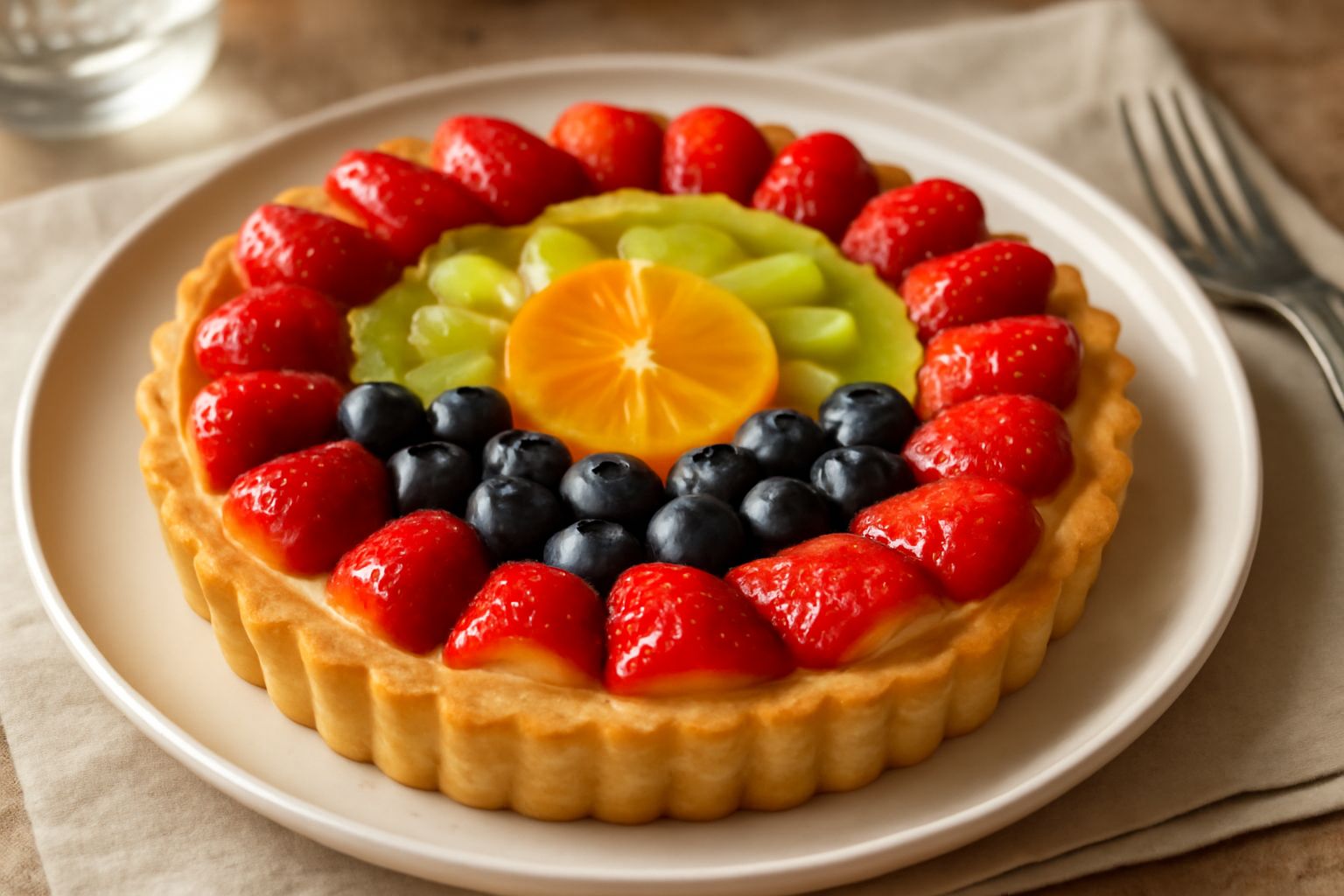 Crostata di frutta intera e affettata: base di pasta frolla dorata, crema gialla, frutti rossi fragole mirtilli pesche albicocche e uva bianca disposti in file colorate, contorno bianco, tagliato a sp