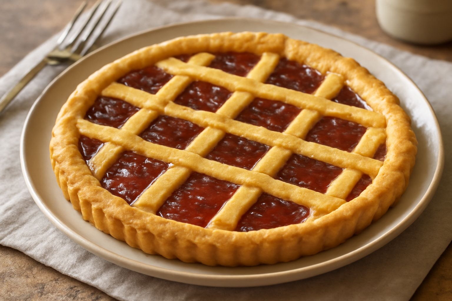 Crostata di marmelata appena sfornata, pasta frolla color oro con superficie rugosa e screpolata, marmelata rosso ciliegia brillante che emerge dai quadretti decorativi sulla superficie, bordo leggerm