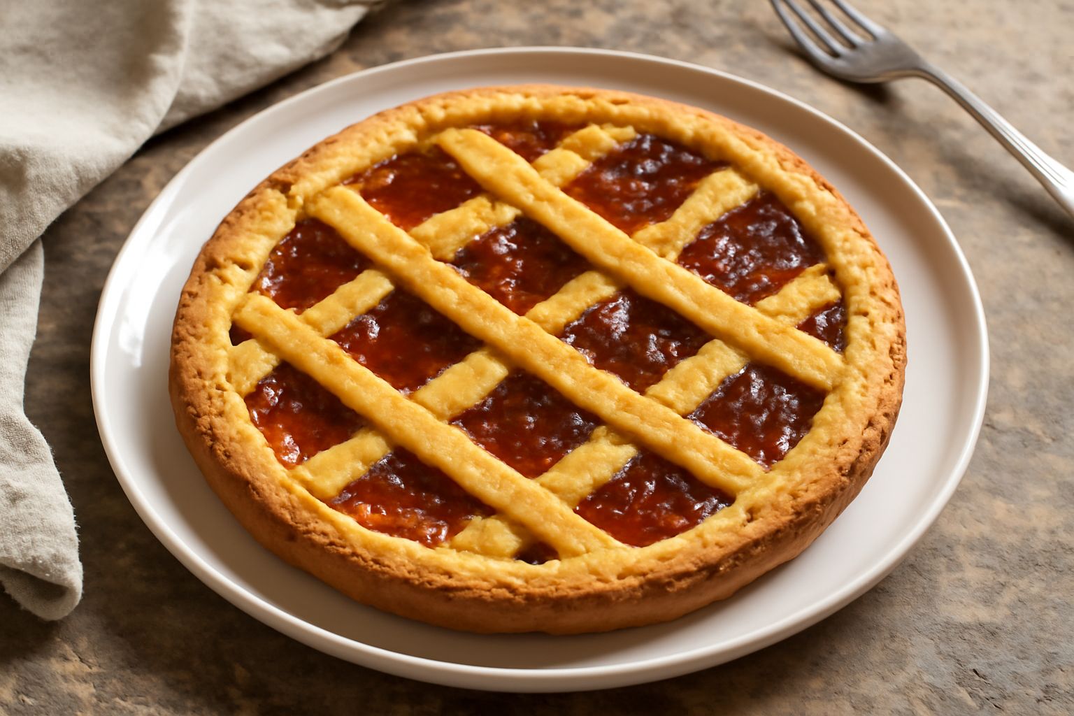 Crostata di marmellata intera su piatto bianco, circondata da strisce di pasta frolla incrociate a losanga, marmellata rossa traslucida che emerge dal ripieno, superficie dorata e leggermente lucida, 