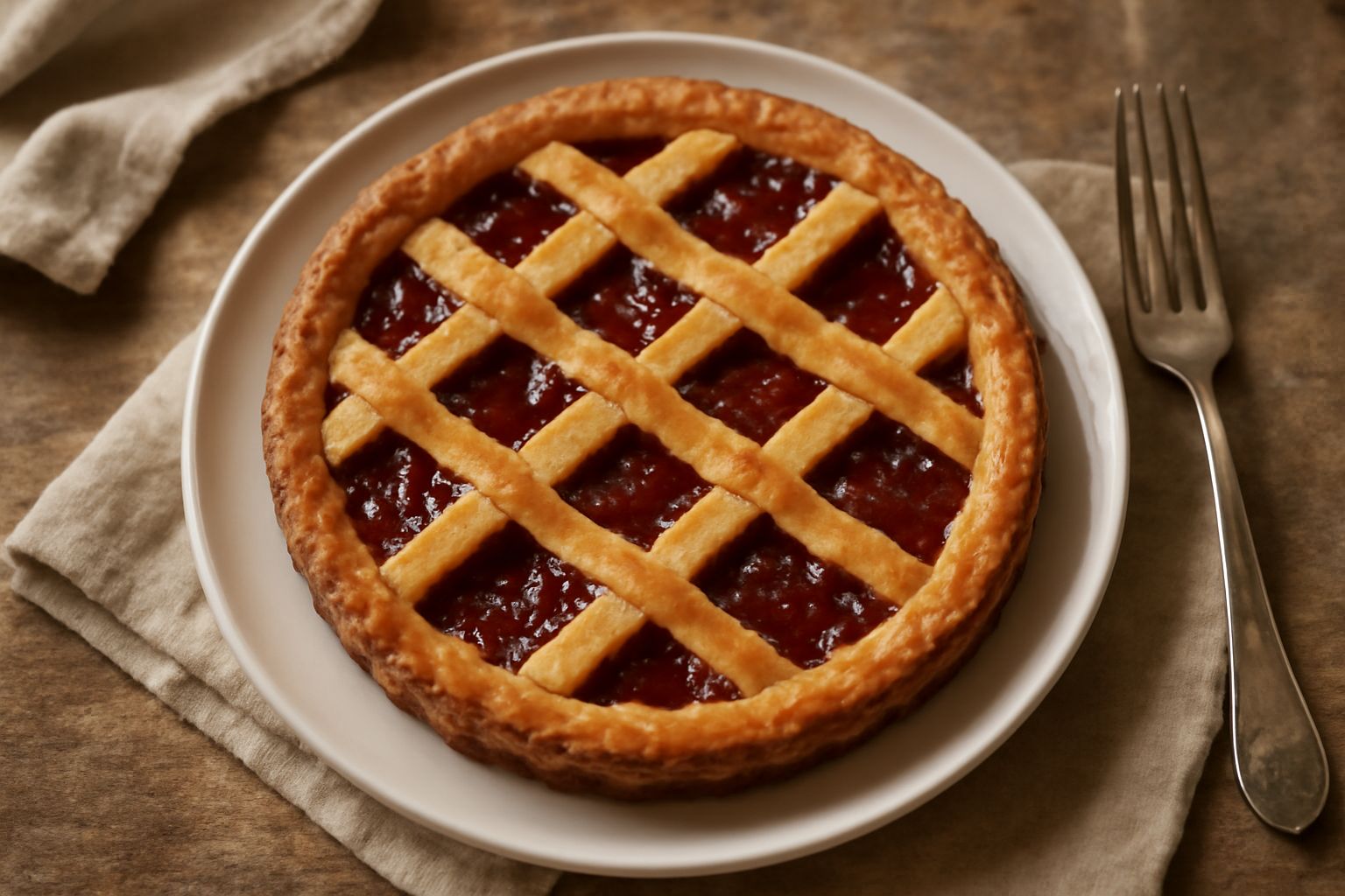 Crostata di marmellata di frutta con crosticina dorata, ripieno rosso fragola che affiora dai buchi della griglia superiore, bordi leggermente caramellati, su piatto bianco con tovaglia a scacchi, vis