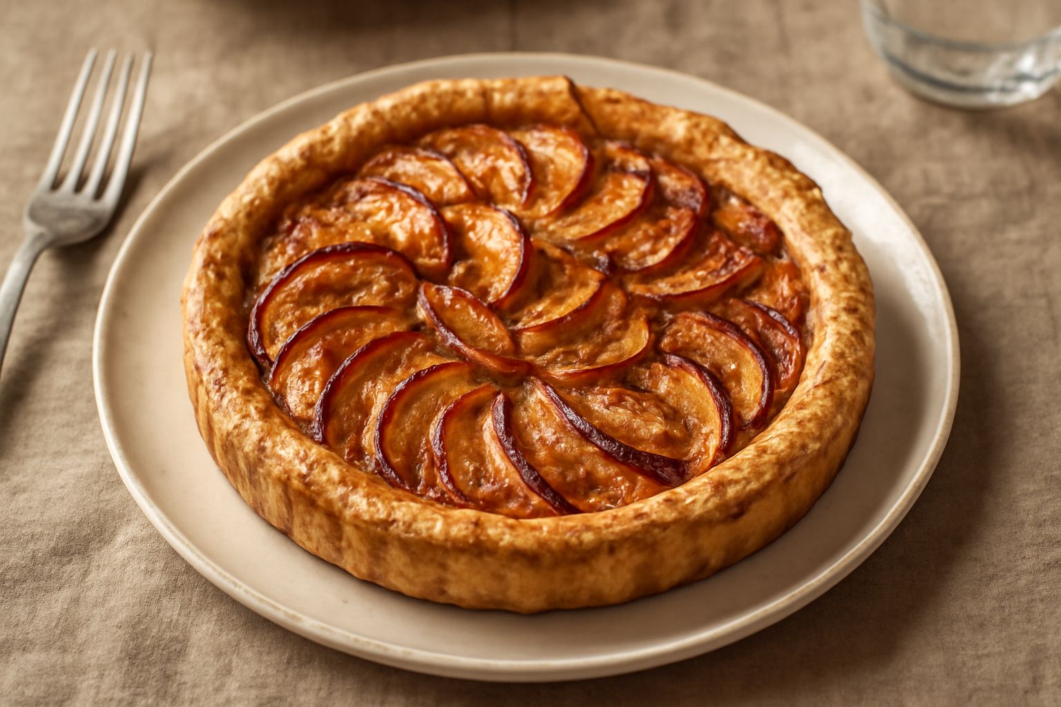 Crostata di mele appena sfornata, con pasta frolla dorata e lucida, interno rosso-ambrato delle mele, spolverata di zucchero semolato sulla crosticina, posata su tavolo di legno scuro con tavolo di li