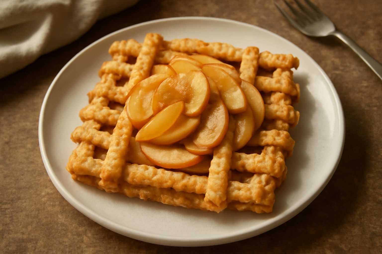 Crostata di mele con pasta fritta servita su piatto bianco: base color dorato intenso, ripieno di mele tagliate visibili, spolverata di zucchero a velo, contorno di mele fresche sul piatto