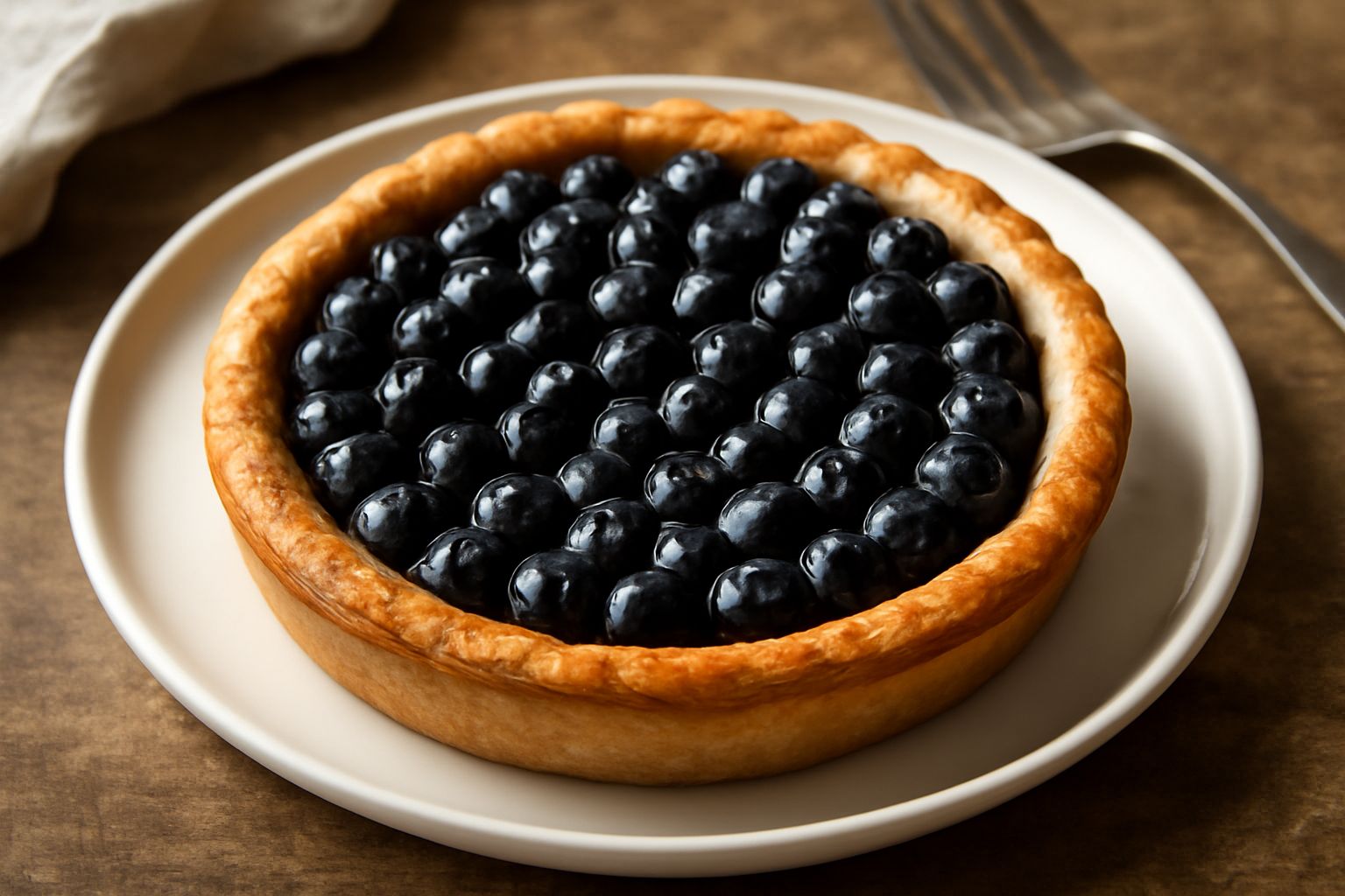 Crostata di mirtilli con bordo dorato, mirtilli blu scuro visibili nel ripieno, servita su piatto bianco, fetta tagliata a lato che mostra la pasta frolla croccante