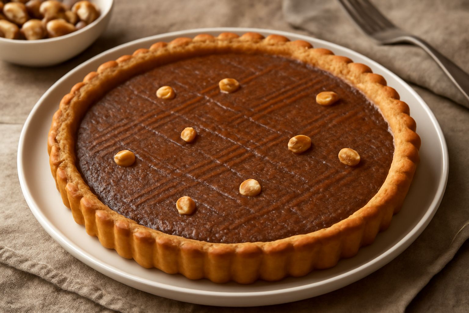 Crostata di nocciole intera appena sfornata con bordo dorato e liscio, ripieno color nocciola scuro visibile all interno, margine di frolla croccante intorno, servita su piatto bianco