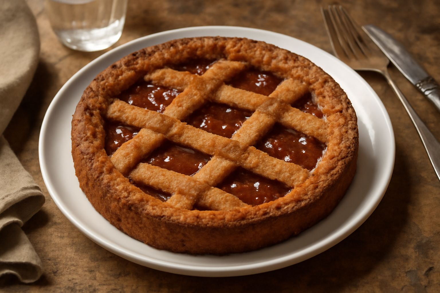 Crostata di pane raffermo in pirofila di vetro, con base dorata e croccante, ricoperta di confettura di fragola brillante. I bordi sono leggermente caramellati, il ripieno rosso scuro visibile ai lati