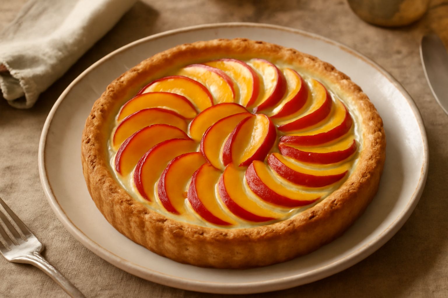 Crostata di pesche appena sfornata con pasta frolla dorata, spicchi di pesce freschi disposti a raggiera sulla crema pasticcera chiara, bordo scuro e croccante, polvere di zucchero a velo sugli spigol