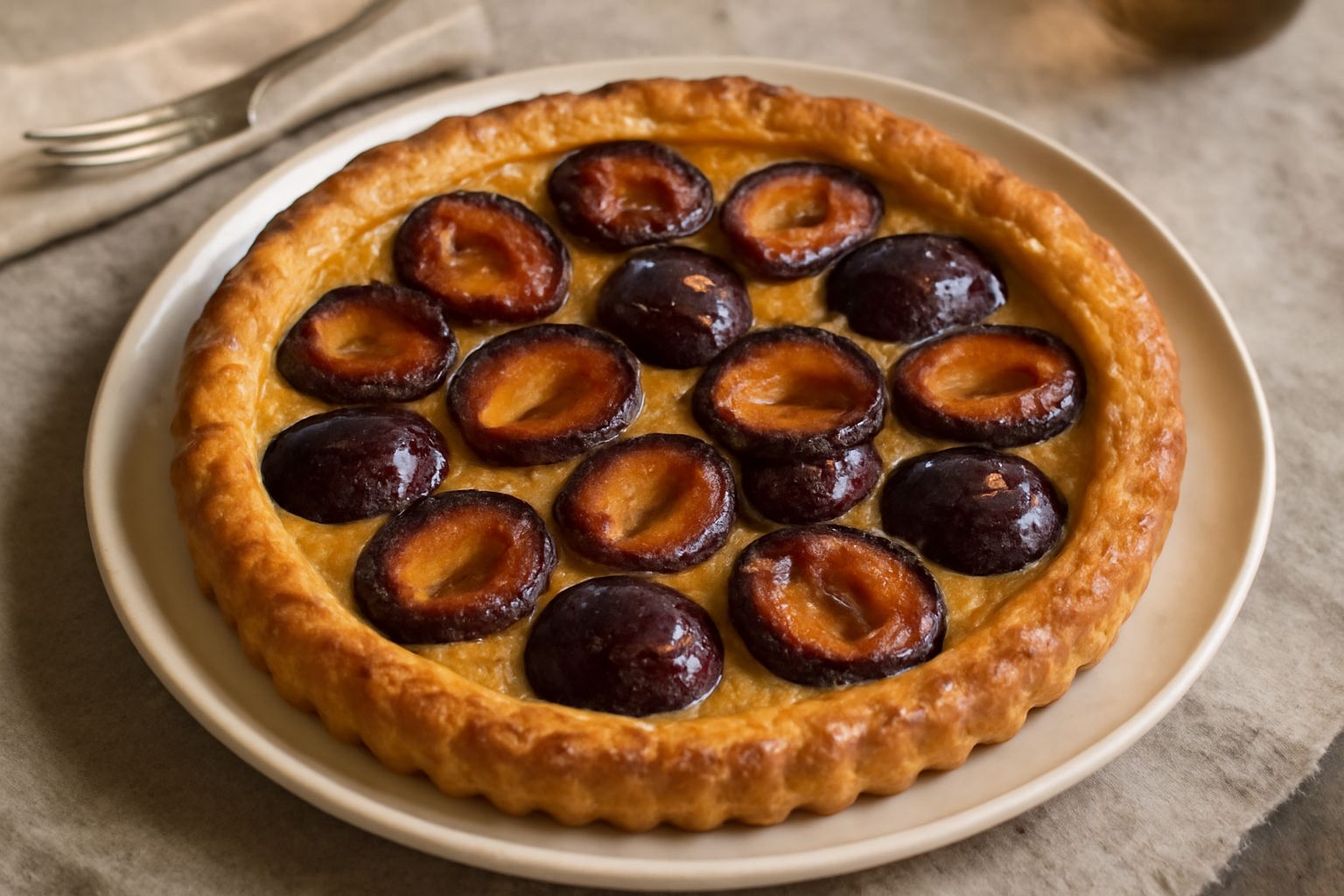 Crostata di prugne appena sfornata, con pasta frolla dorata e lucida, prugne scure tagliate a metà disposte geometricamente, polvere di zucchero sui bordi, su fondo di legno con coltello di legno