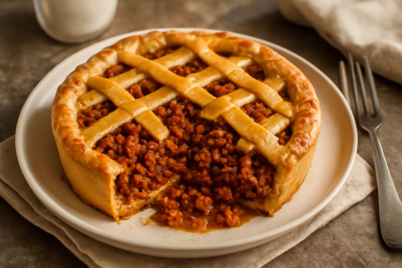 Una crostata rotonda con pasta frolla dorata e croccante, ripiena di ragù marrone rossiccio con verdure visibili, servita su piatto bianco con bordo di salsa ragù intorno