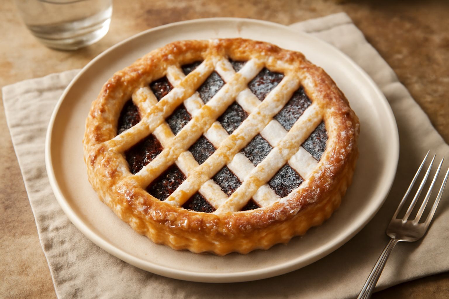 Crostata di Reggio su piatto bianco: base di pasta frolla dorata croccante, superficie decorata con reticolo di pasta e zucchero a velo, tagliata a fette triangolari