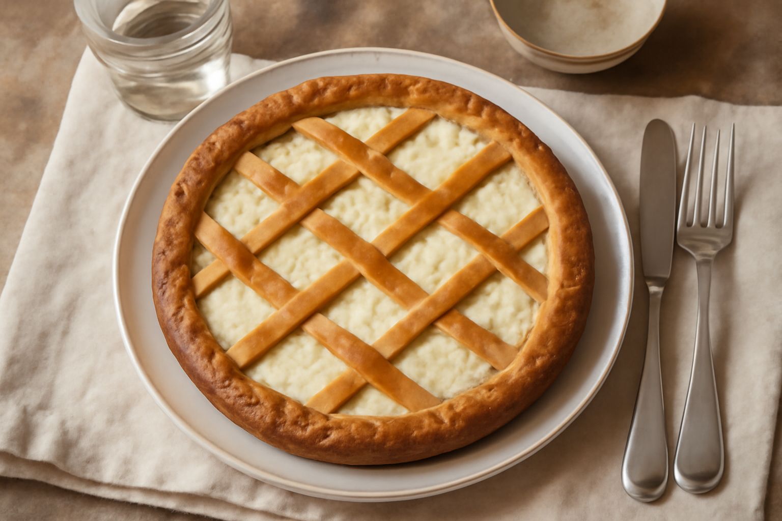 Crostata di ricotta con pasta frolla dorata e ondulata ai bordi, ripieno bianco cremoso visibile al centro, superficie liscia priva di screpolature, intera su piatto bianco con coltello a lato