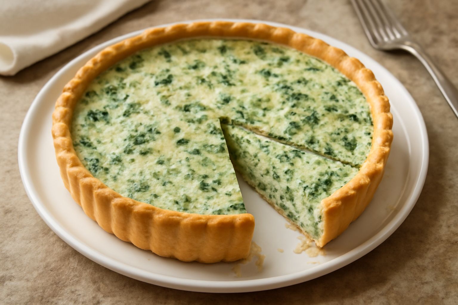Crostata di ricotta e spinaci tagliata a fette, con pasta frolla dorata e croccante, ripieno cremoso verde pallido dai spinaci e ricotta bianca, servita su piatto bianco con una fetta sollevata che mo