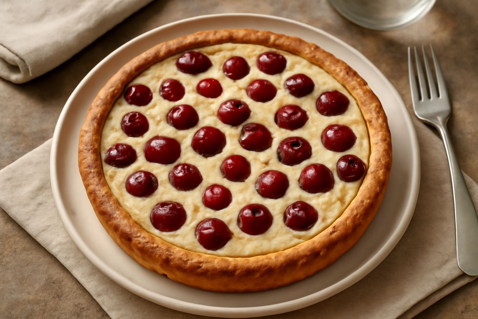 Crostata di ricotta e visciole con pasta frolla dorata, ripieno cremoso beige visibile dal bordo, decorata con visciole rosse lucide sparse sulla superficie e disposte anche ai margini