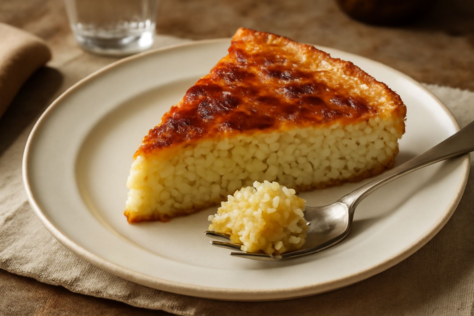 Crostata di riso salato appena sfornata, dorata in superficie con alone croccante intorno, tagliata in fette quadrate, con ripieno di verdure verdi e formaggio giallo visibile all'interno, su piatto b