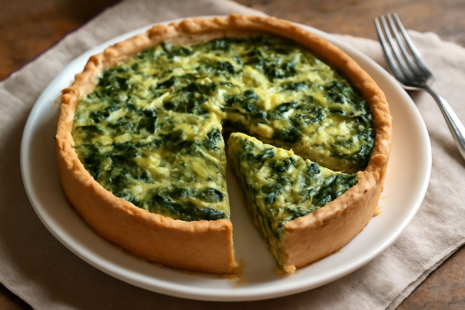 Crostata di scarole appena sfornata, base dorata e croccante, ripieno di scarole verdi e ricotta bianca visibile in sezione, servita su piatto bianco con bordi leggermente sporgenti