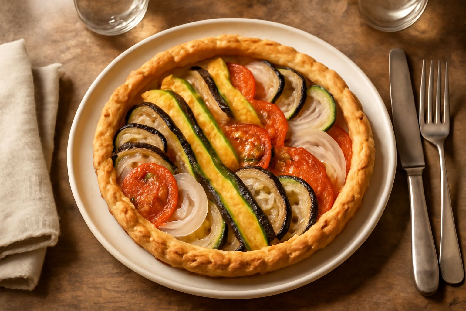 Crostata di verdure con pasta frolla dorata, ripieno colorato di zucchine gialle e verdi, pomodori, melanzane e basilico fresco, intera su piatto bianco con fetta tagliata