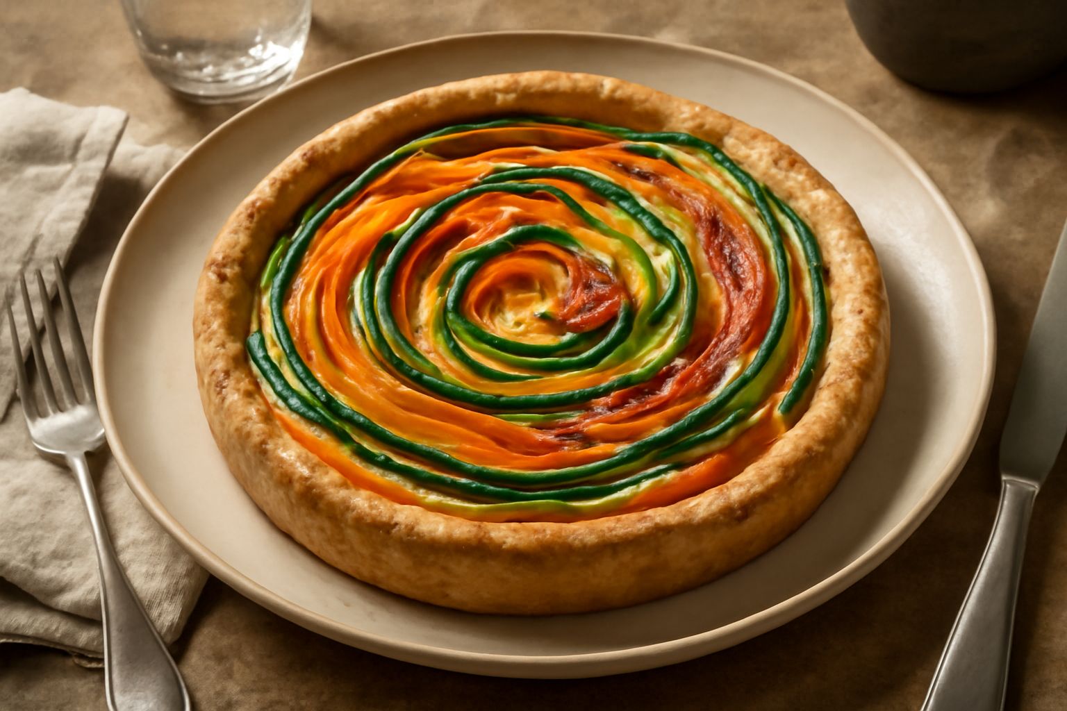 Crostata di verdure miste con pasta frolla dorata, superficie decorata con strisce di verdure colorate (carote arancioni, zucchine verdi, pomodori rossi), servita su piatto bianco con insalata mista a