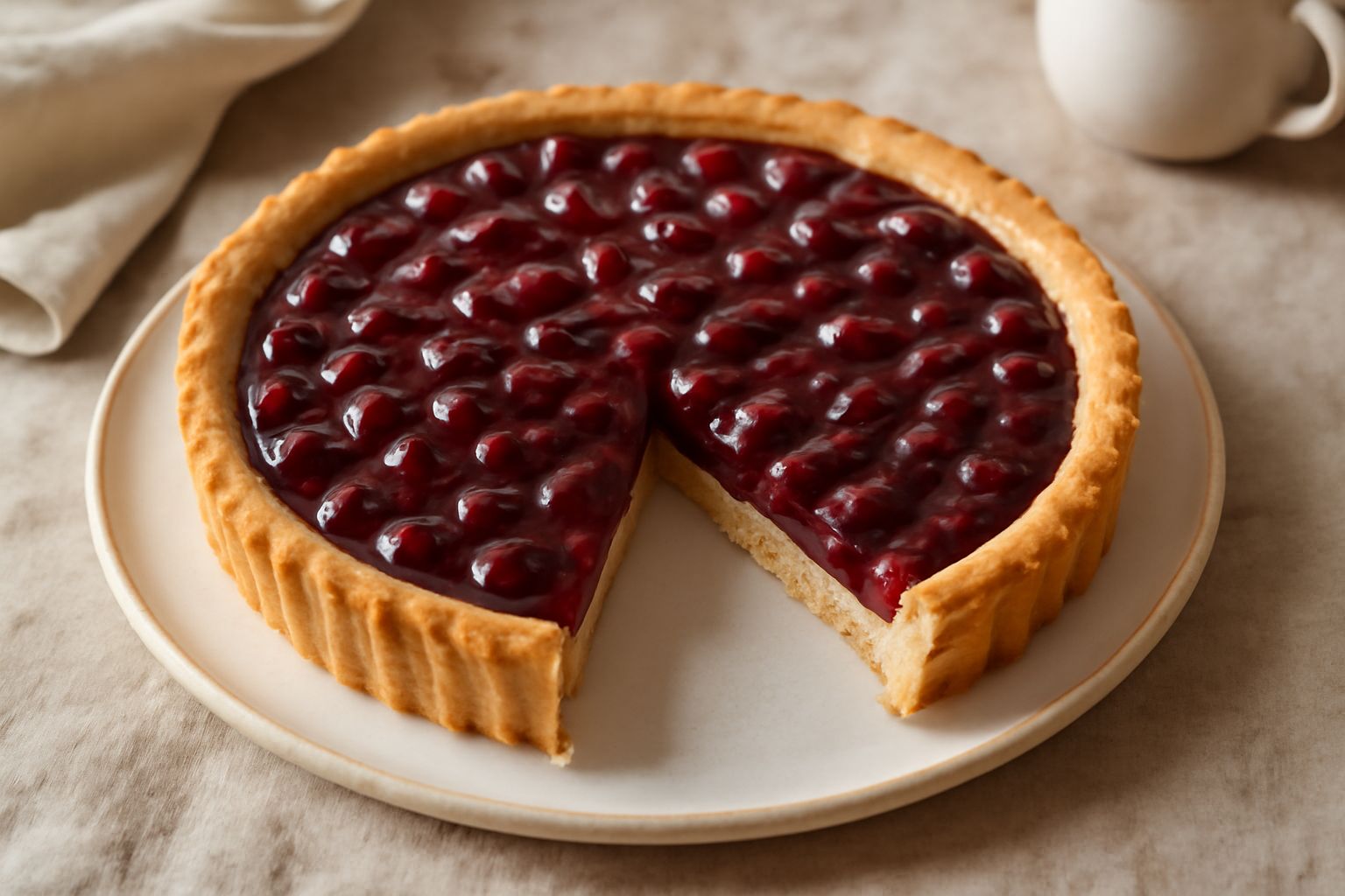 Crostata di visciole intera su un piatto bianco rotondo, con crosticina dorata e lucida, visciole rosso scuro brillanti al centro circondate da pasta frolla, fetta tagliata che mostra il ripieno strat