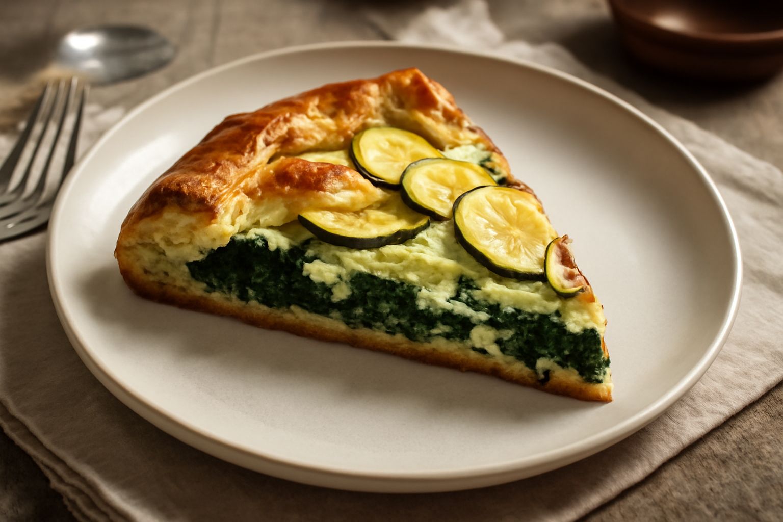 Crostata rustica di verdure tagliata in fette triangolari, sfoglia dorata e croccante, ripieno verde e bianco di zucchine, spinaci e ricotta visibili in sezione, posata su piatto bianco con insalata m
