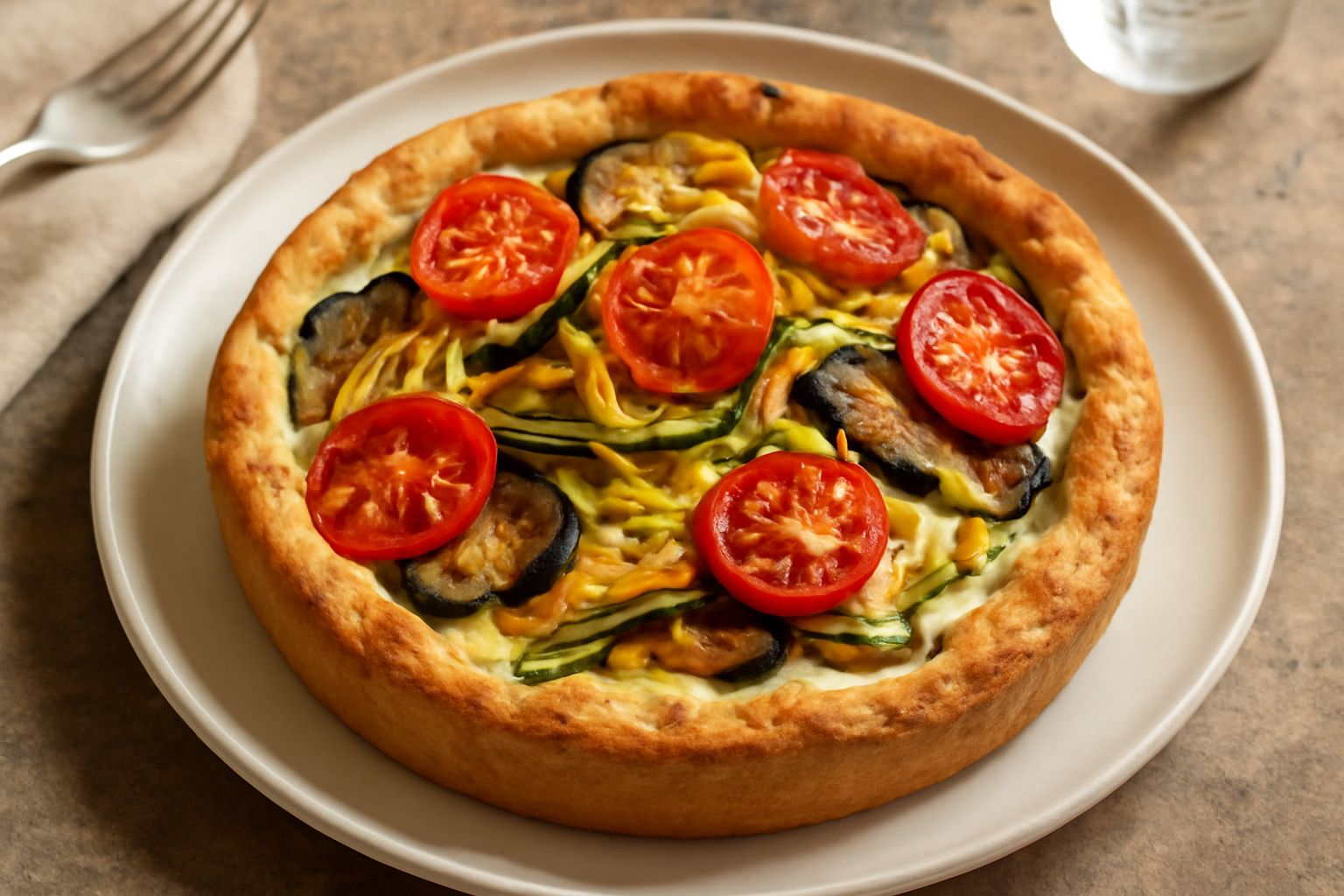 Crostata salata di verdure con pasta frolla dorata, zucchine gialle e verdi, melanzane viola, pomodori rossi, ricotta bianca come ripieno cremoso, servita intera su piatto bianco con contorno di insal