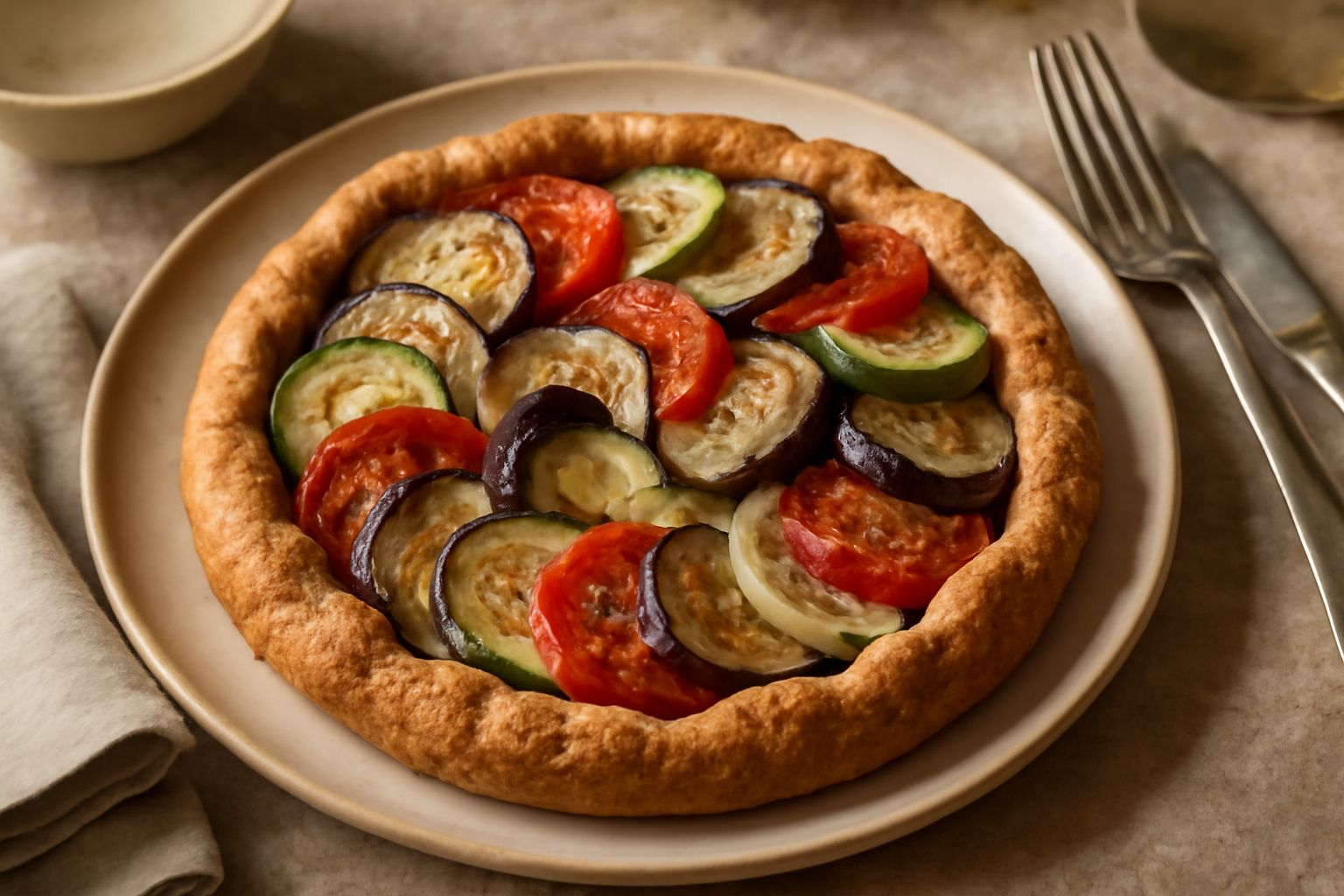 Crostata salata appena sfornata, con pasta dorata croccante, verdure multicolore ben visibili sulla superficie (zucchine, melanzane, pomodori), guarnita con qualche foglia di basilico fresco. Taglio t