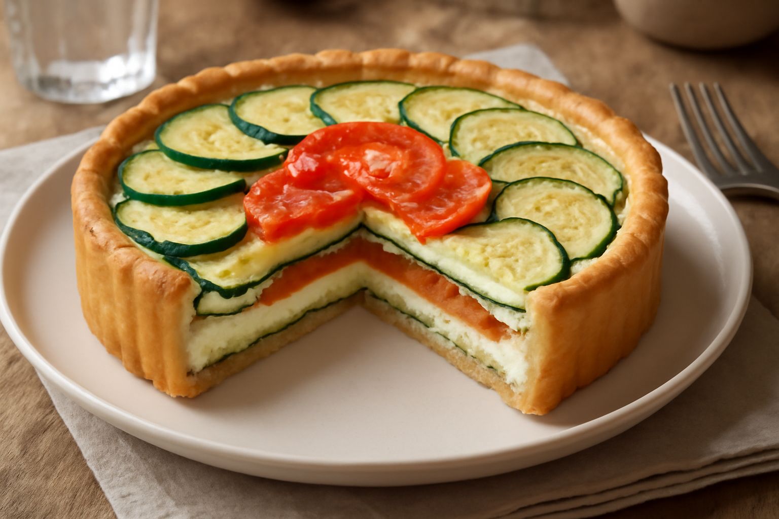 Crostata salata dorata con superficie leggermente ondulata, ripieno di verdure colorate visibile dal taglio, servita in piatto bianco con contorno di insalata verde fresca