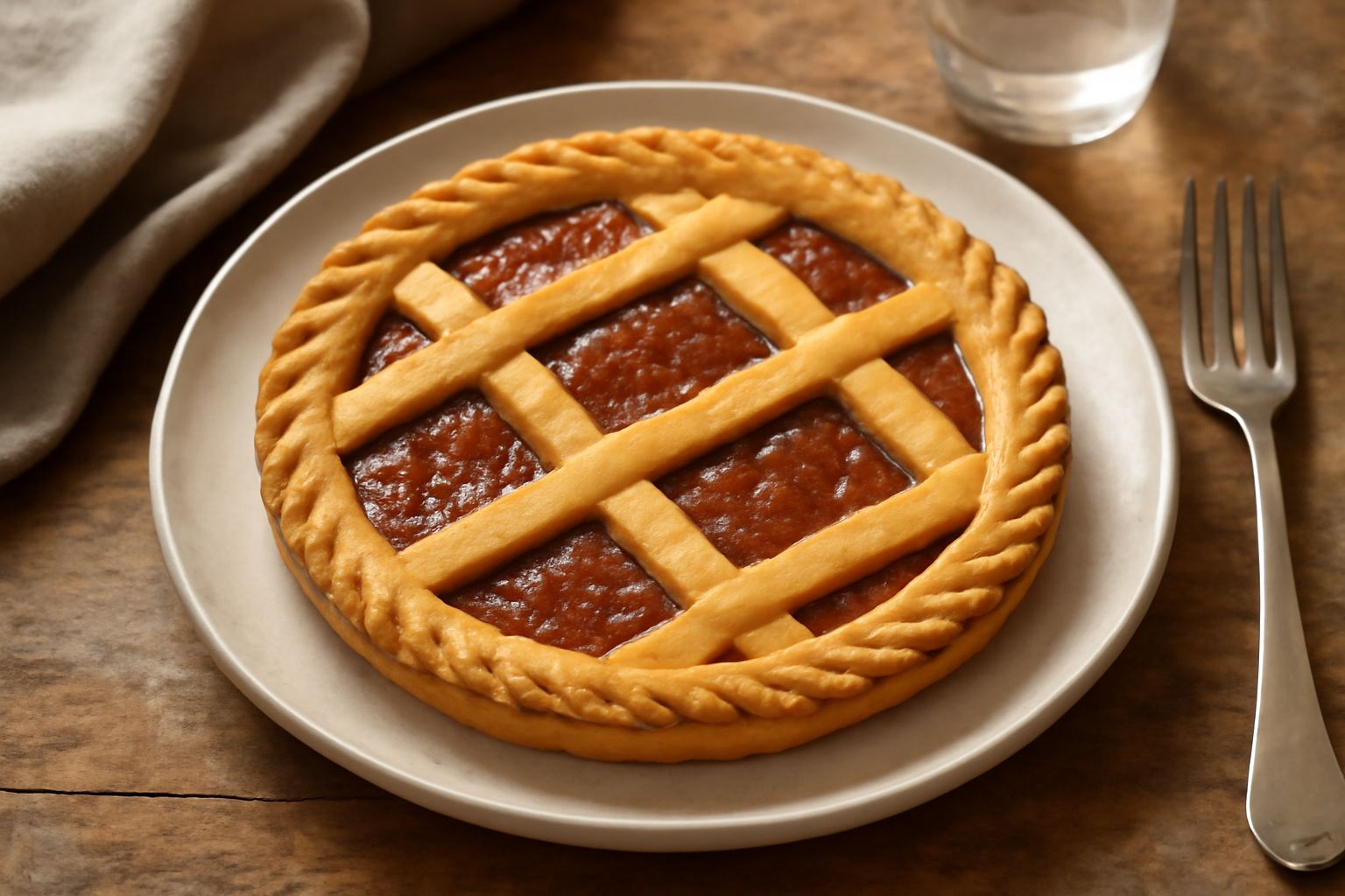 Crostata rotonda dorata con intrecci di pasta, ripieno di confettura rosso scuro visibile al centro, bordi croccanti e polvere di zucchero leggera, impiattata su ceramica bianca