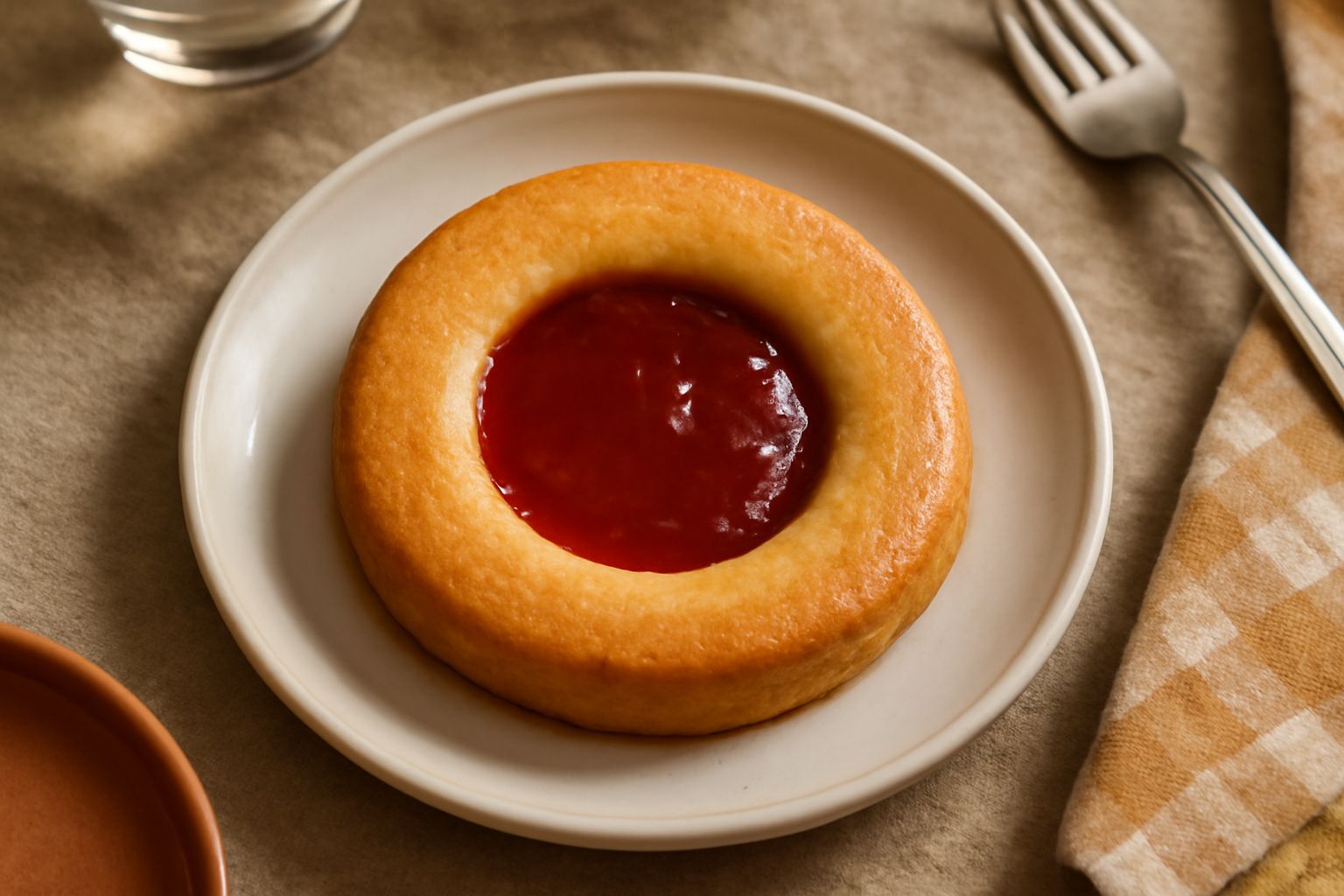 Tre crostatin dorate e croccanti con pasta frolla dorata e ripieno di marmellata rossa visibile al centro, poste su un piatto bianco con una tazza di caffè sfocata sullo sfondo