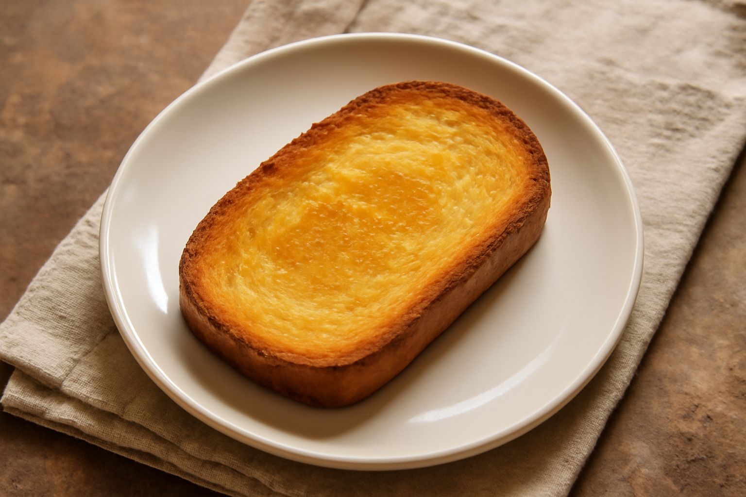 Fette di pane tostato color dorato-marrone disposte a ventaglio su un piatto bianco, superficie croccante e brillante, con leggera umidità di olio d'oliva