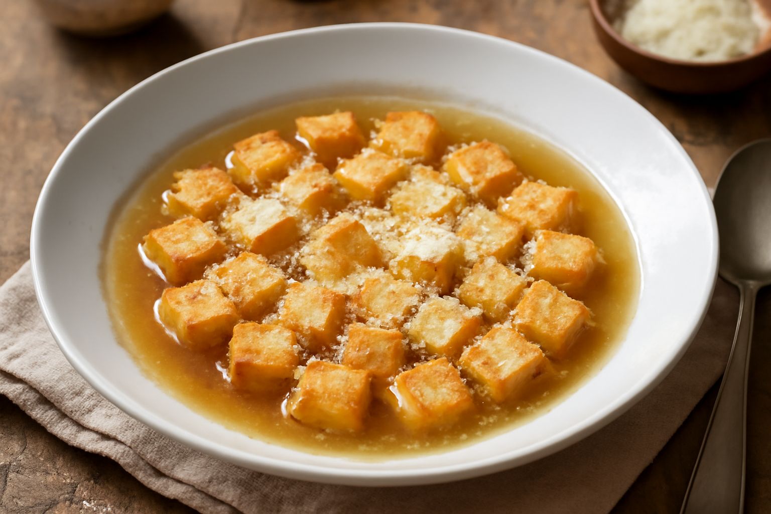 Ciotola di ceramica bianca con crostin d'oro immersi in brodo chiaro e fumante, spolverati di formaggio grattugiato e prezzemolo fresco