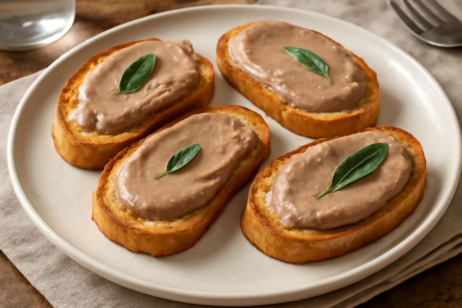 Crostini di pane tostato dorato ricoperti di crema di fegatini d'oca beige rosato, guarniti con una foglia di salvia fresca, disposti su piatto bianco, con un bicchiere di vino bianco sullo sfondo