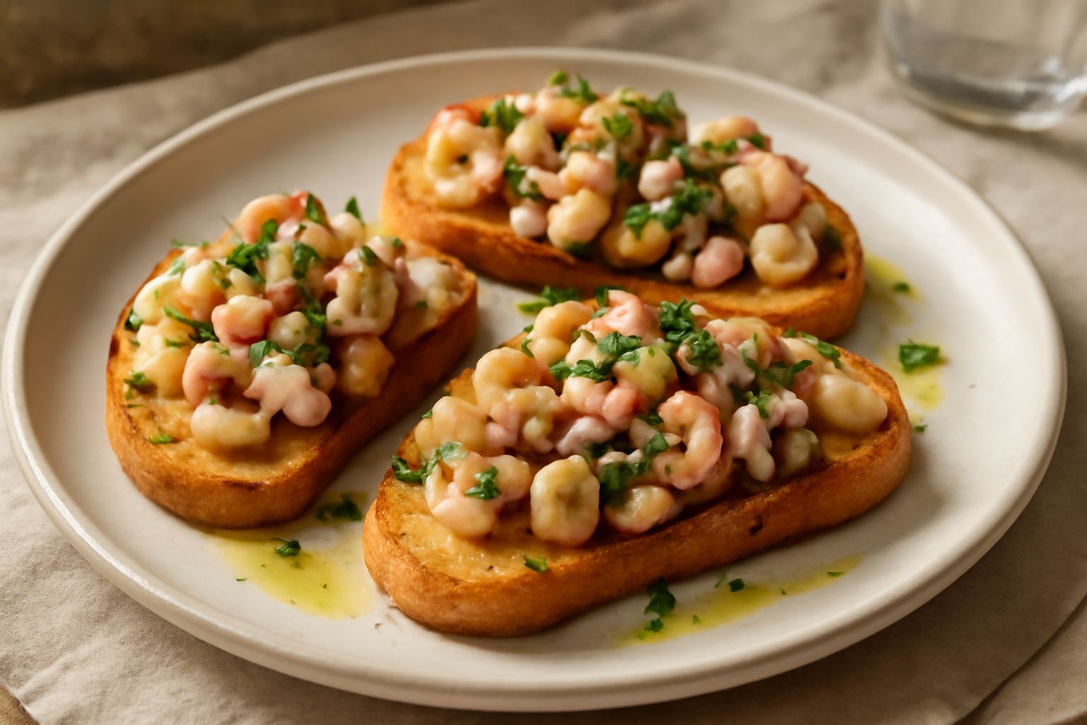 Crostini dorati su un piatto bianco, ricoperti di frutti di mare rosati e bianchi, prezzemolo verde, gocce d'olio, su sfondo neutro