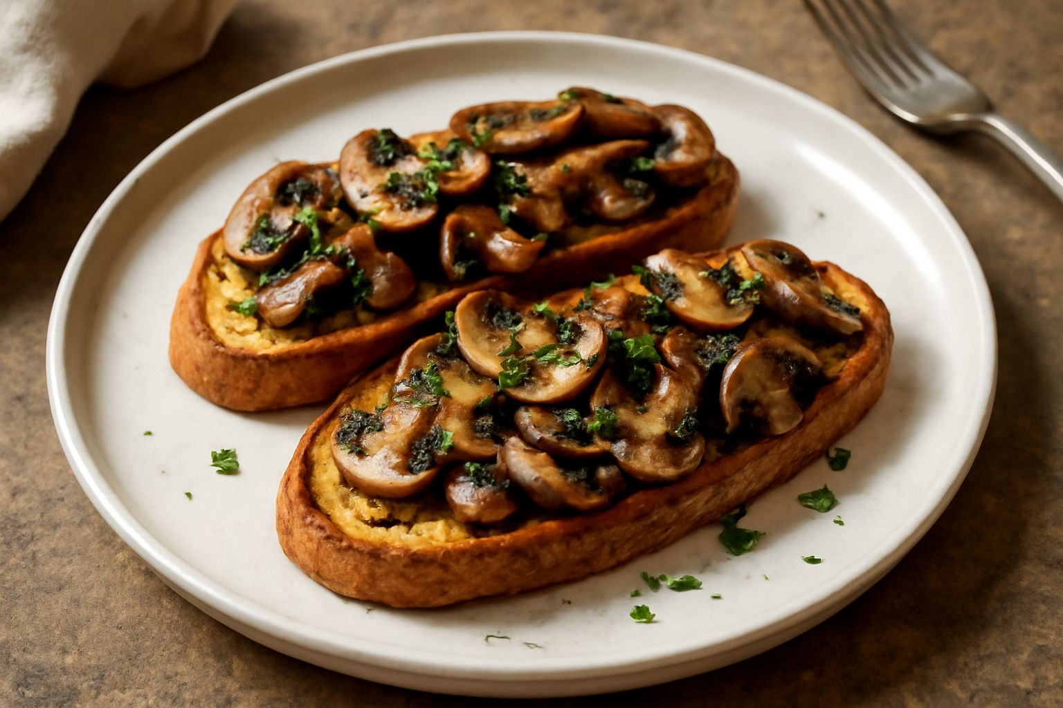 Crostini dorati croccanti conditi con funghi trifolati, aglio fresco e prezzemolo verde su un piatto bianco