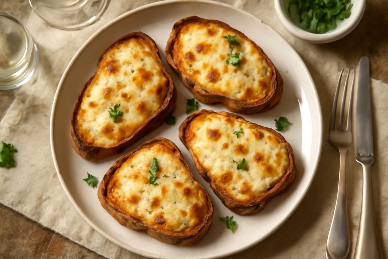 Crostini quadrati color dorato, ricoperti di formaggio fuso di colore giallo chiaro, con bordi leggermente più scuri e croccanti, serviti su un piatto bianco