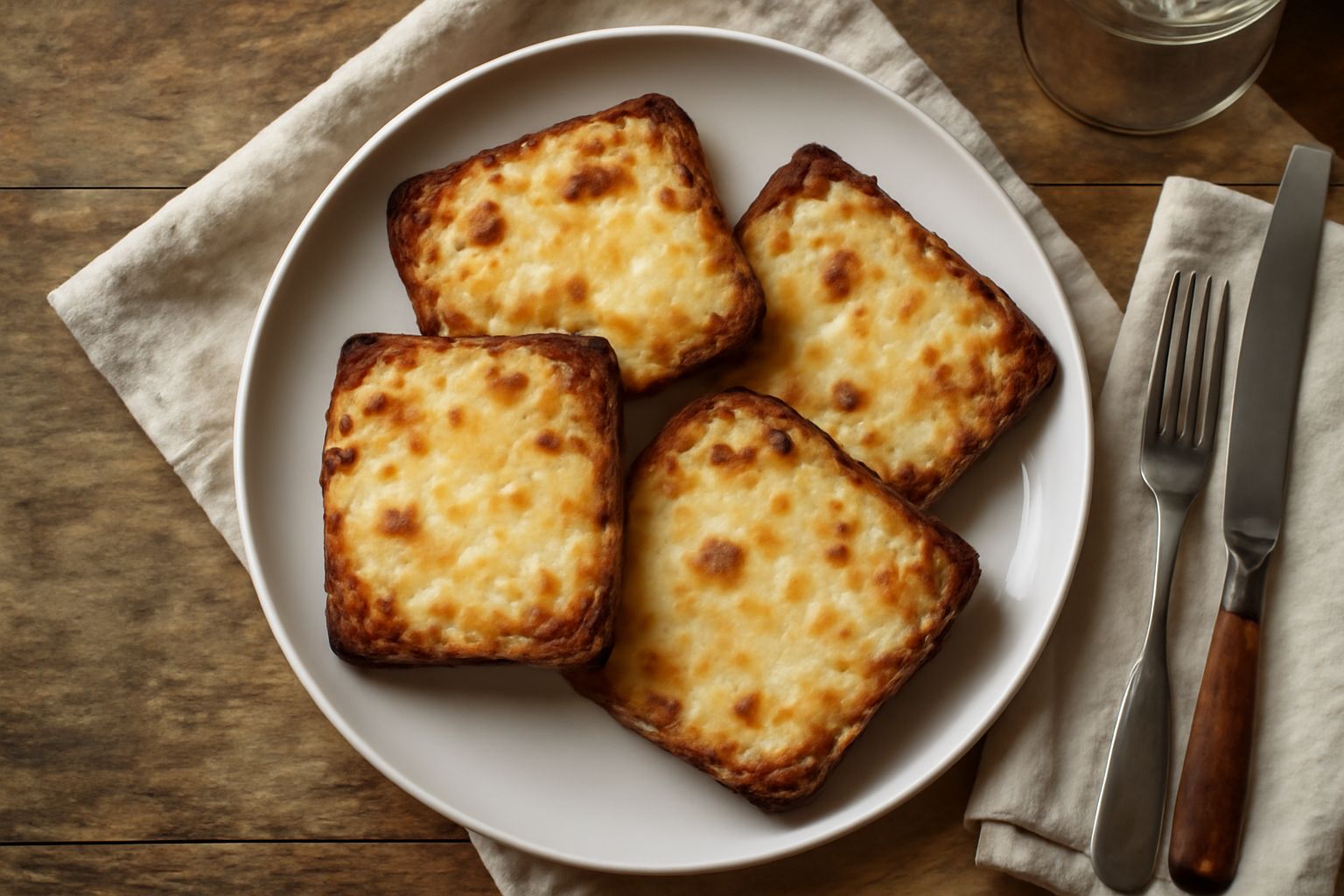 Crostini dorati con formaggio fuso e filante disposti su un piatto bianco, guarniti con prezzemolo fresco, con vapore appena visibile
