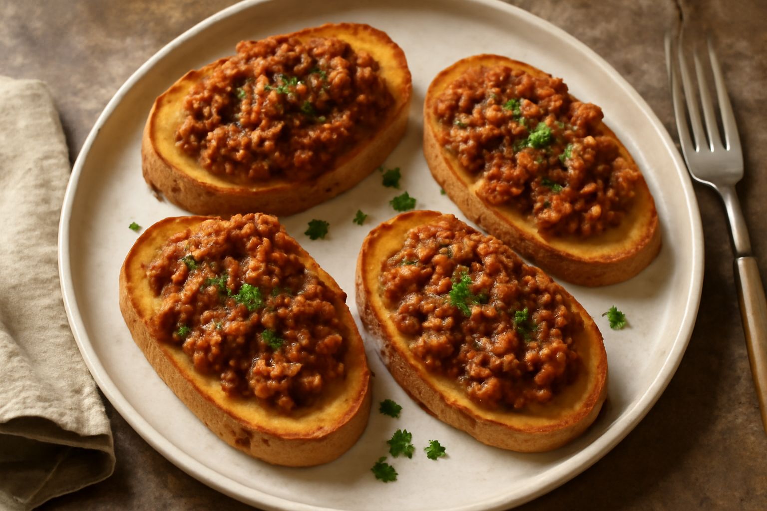 Crostini dorati con ragù di carne macinata marrone scuro, grattugiata di parmigiano bianco e prezzemolo fresco verde, su piatto bianco