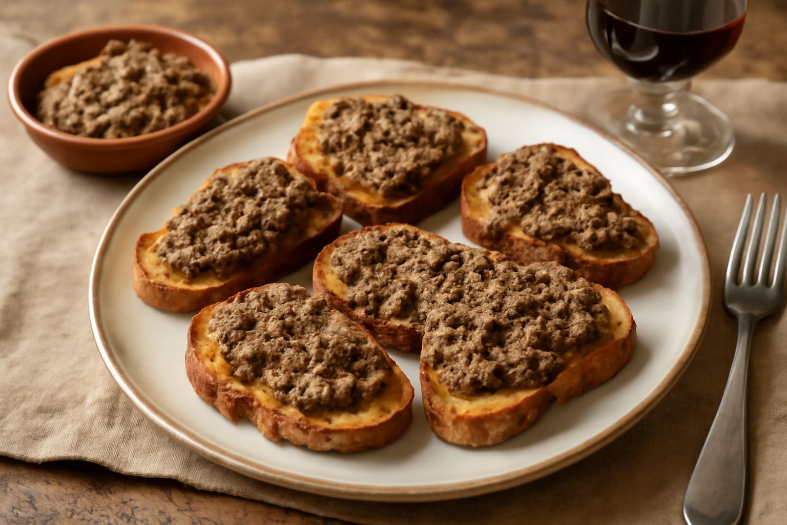 Crostini di pane tostato dorato su un piatto bianco, ricoperti di paté di fegatini color marrone scuro, con acciughe e capperi visibili in superficie