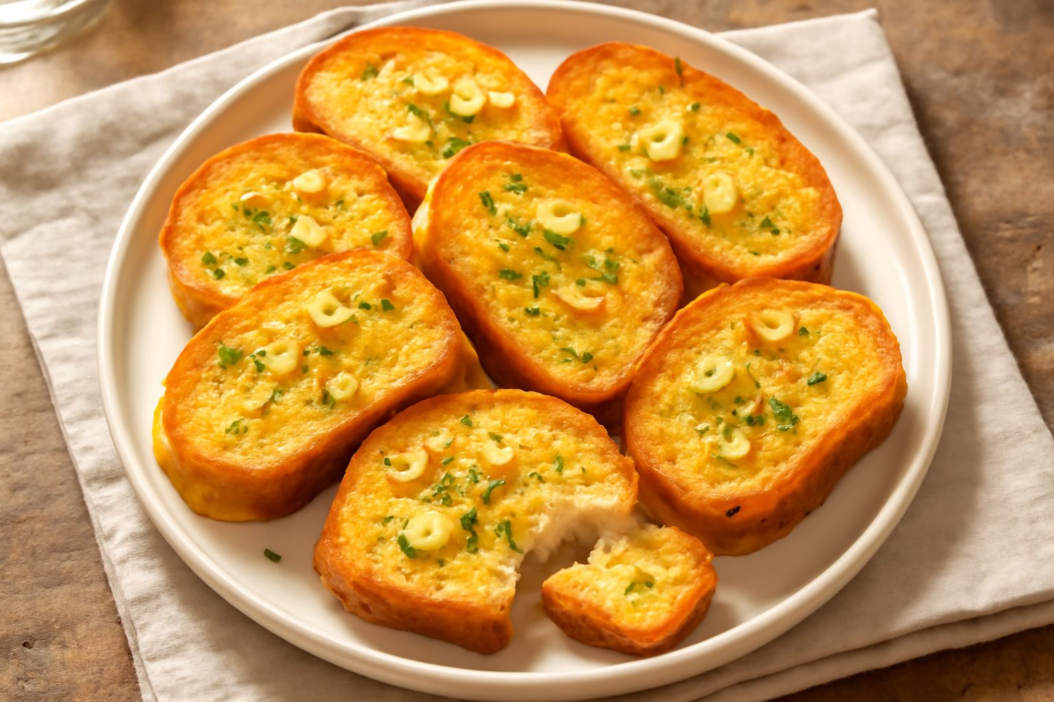 Crostini di pane tostato dorato disposti a ventaglio su un piatto bianco, ricoperti di gocce lucide di olio d'oliva e scaglie di aglio, con prezzemolo verde fresco ai lati
