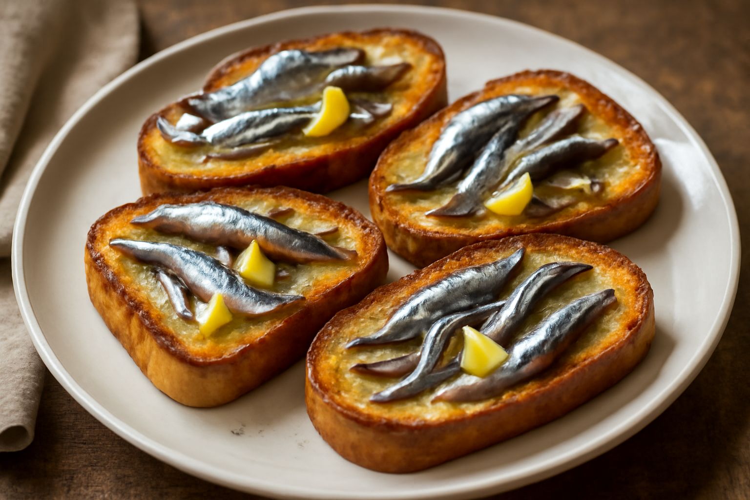Quattro crostini quadrati con crosta dorata, ricoperti di acciughe grigie arricciate e spruzzati di succo di limone fresco, disposti su un piatto bianco con fondo scuro