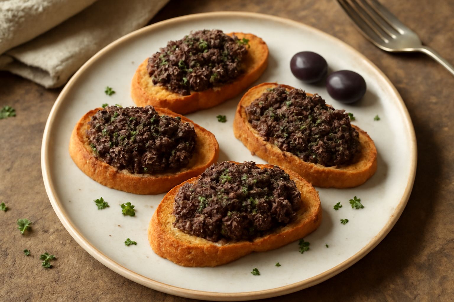 Crostini dorati croccanti ricoperti di crema di olive nera lucida, completati da gocce di olio extravergine, su un piatto bianco con foglie di prezzemolo fresco